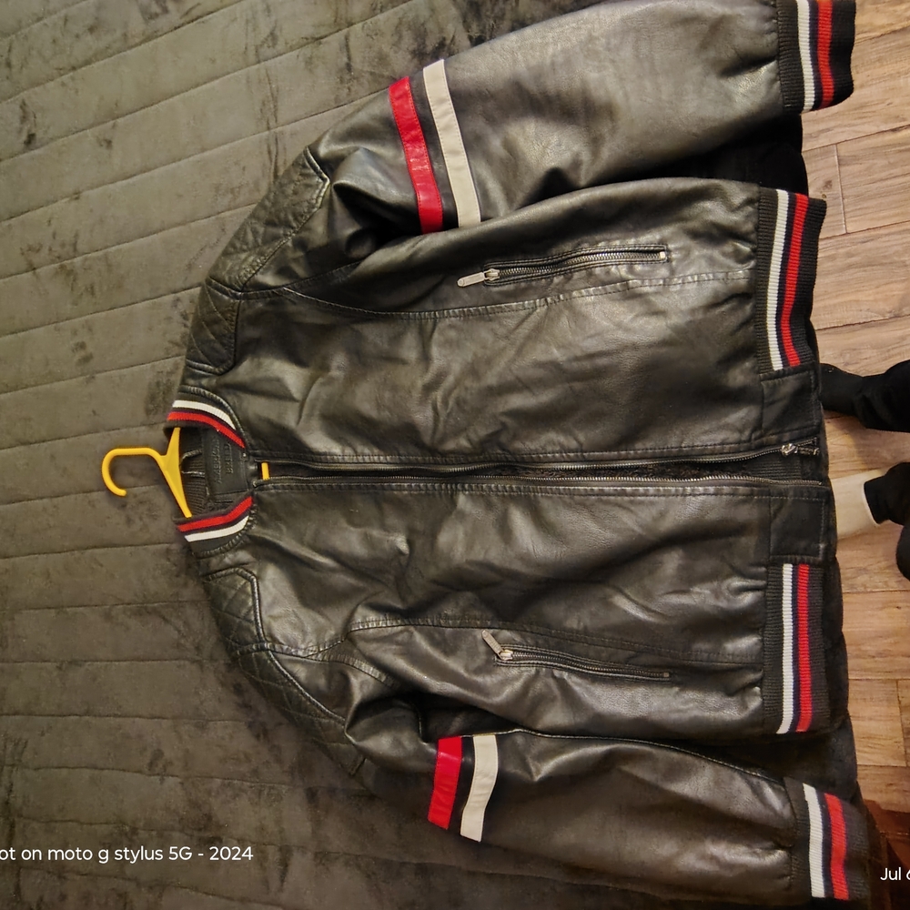 Men's Black Leather Bomber Jacket with Red and White Accents